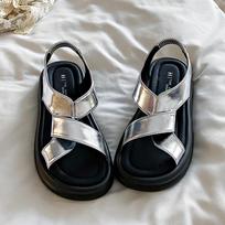 Female Sandal Comfort Shoes for Women Clogs with Heel Cross 2024 Summer Muffins Shoe Girls Beige New Velvet Thick Low Beach Fash 35 sidabras