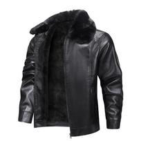 Men's Brown Faux Leather Jacket Fleece-Lined Warm Winter Coat with Fur Collar M juoda