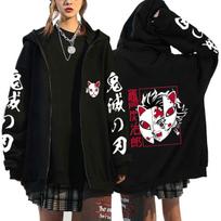 New anime Demon Slayer print zip-up hoodie fleece-lined hooded cardigan for teenagers 0037 S black