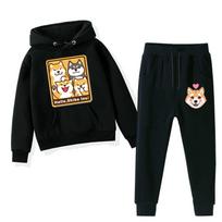 Cross-border new shiba shiba inu cartoon print men's and women's casual velvet hooded sweater corset trousers two-piece set XS