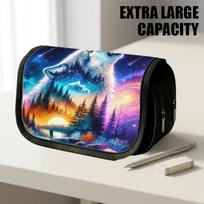 Double Layer Large Pencil Case, Vibrant Printed Pencil Pouch with Lunar Wolf Galaxy Design, Fashion Storage Bag, Portable Pencil Case with Zipper, Dur 20x9x11cm