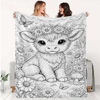 1pc Christmas and Halloween Printed Flannel Blanket, Soft and Skin-Friendly All-Season Blanket with Cute Highland Cow Coloring Style Black and White L 75X95CM gray