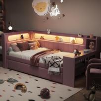 Upholstered 90x200 Daybed with USB Ports and LED Strip, with Pull-Out Bed and Desk, Pink 237 x 103.5 x 93.5 cm rožinė