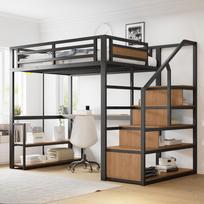 140*200 Metal Loft Bed with Storage Ladder with Shelves and Table, Safety Fence Design with Spliced Metal Planks, Black 255 x 145 x 175 cm juoda