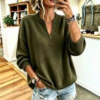 Women's Casual Knit Pullover Top with Half Zip Stand Collar, Loose Fit Drop Shoulder Long Sleeve M