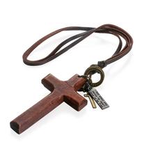 Metal Tags Handmade Cross Necklace Religious Crucifix Pendant Chain Wood Cross Necklace  Christian black
