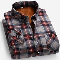 Men Fleece Lined Thick Warm Plaid Long Sleeve Stand Collar Casual Business Shirt XL raudona