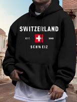 Switzerland EST. 1948 Red Fleece-Lined Hoodie - Casual Print Sweatshirt with Swiss Flag Design XXL black
