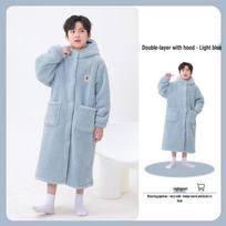 Children's Double-Layer Coral Fleece Boys' Bathrobe and Pajamas Set for Autumn and Winter 120 cm gray