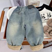 Children's Fleece-lined Jeans Boys Girls Plush Velvet Denim Pants New Kids Winter Thickened Warm Trousers Infant Clothing 100 mėlyna