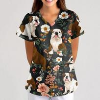 Plus Size Women Cross V Neck Halloween Printed Scrub Tops Short Sleeve Tee With Pockets Work Uniform T Shirts Fun Workwear S