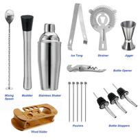 16Pcs 750ml Stainless Steel Bar Cocktail Shaker Set Barware Set Shaker Set with Wooden Rack For Bartender Drink Party Bar Tool