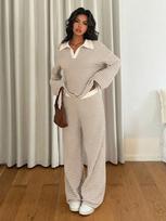 European and American cross-border 2026 autumn and winter lapel collar pullover long-sleeved contrasting striped wide-leg pants loungewear set S