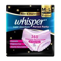 Whisper Super Absorbent Period Panty, 6 M-L Pants, 360 Degree Leakage Protection For Heavy Flow, Panty Like Fit For Full Back Coverage, Absorbs Hea blue