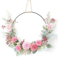 Floral Hoop Wreath Dust Proof Water Proof Pastoral Style Artificial Hoop Wreaths For Front Door Rosy Pink white