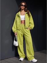 Basic full zipper sports suit for women, loose waist jacket, elastic waist wide-leg trousers two-piece set S žalia