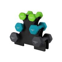 SONGMICS Hex Dumbbells Set with Stand - 2 x 1 kg, 2 x 2 kg, 2 x 3 kg, Neoprene Matte Finish, Hand Weights for Home Exercise, Lime, Teal, and Dark Grey