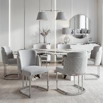6 valgomojo kėdės, patogios, pralaidžios orui, tinkamos restoranams, modernaus stiliaus, sidabrinės cinkuotos kėdės kojos, veliūro audinys, šviesiai pilka + sidabrinė 61.5 x 53.5 x 86 cm