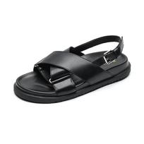 Classic women's retro cross-strap leather open-toed Roman sandals women's summer platform with socks sandals 35 black