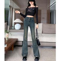 Trendy personalized double-button micro-pull jeans spring and autumn new rough edge loose micro-flared horseshoe jeans XS gray