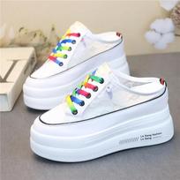 Fashion Summer Thick-soled Inner Heightening Half-drag Canvas Shoes Women's Muffin  A Pedal Lazy Shoes Women Casual Breathable Slippers 34 white