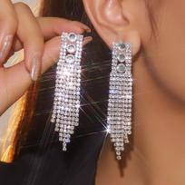 High-end luxury micro-inlaid diamond super flash long fringed earrings gray