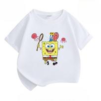 SpongeBob SquarePants Kids Cartoon Print T-shirt Trendy Short Sleeve Top for Boys Girls Sweat-Absorbent Breathable Multi-Color 110 white