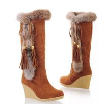 Winter Women's Fleece Warm Cotton Boots Anti-Fur Plus Size Wedge Thigh Snow Boots 36 brown