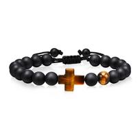 Cross Bracelets for Men Boys, 8MM Black Natural Stones Beads Religious Prayer Wristband Length Adjustable,pulseira masculina black