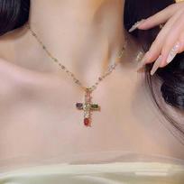 Exquisite Colorful Zircon Cross Pendant Necklaces for Women Stainless Steel Luxury Religious Charm Choker Party Jewelry