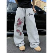 Street Style Casual Sports Straight Leg Pants Morning Glory Print Loose Sports Pants High Street Style Wide Leg Pants Street Fashion S pilka