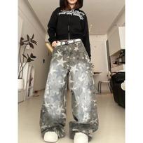 Women's High Rise Star Printed Wide Leg Pants Loose Fit Vintage Washed Denim Jeans Streetwear Trousers S black