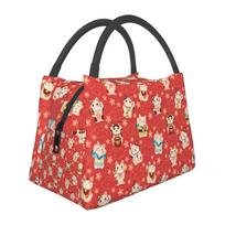 Japanese Cartoon Lucky Cat Thermal Lunch Bag for Women Girl Reusable Large Waterproof Insulated Lunch Box for Travel Picnic Work One Size black