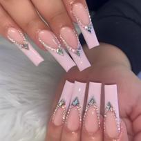 Cross-border European and American nail wear popular long light pink French nail art piece rhinestone flash Spice girls wear nail art Glue type