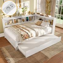 Sofa-lova, 140 x 200 cm, Sofa-lova, Dienos lova su ištraukiama lova, Su rozete ir 2 USB prievadais, Lova su groteliniu rėmu (be čiužinio), Drožlių plokštė, Balta 219 x 167 x 90 cm balta