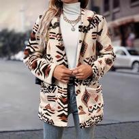 Women Printed Two Sided Fleece Hooded Button Mid Length Cardigan Coat S abrikosas