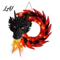 Unique Halloween Centerpiece Dragon Wreath with LED Light Gothic Mythical Creature Door Holiday Entryway Decor Mesh Dark Fantasy Hanging Ornament