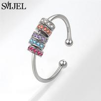 Fidget Spinner Ring Anxiety for Women Crystal Demon Eyes Anti Stress Rings Flower Planet Sun Rotating Jewelry Wedding Gift resizable gray