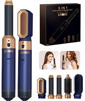 Plaukų formavimo rinkinys LIVMAN WT-168 - 5in1 karšto oro plaukų formavimo priemonė su 5 skirtingais keičiamais antgaliais plaukų džiovinimui ir formavimui bei 3 temperatūros režimais, 1000 W, mėlyna