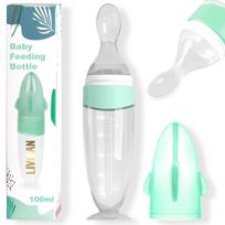 Minkšto silikono kūdikių maitinimo buteliukas su šaukšteliu LIVMAN MST6969 švelnios konsistencijos, vienalyčiams maisto produktams, 100 ml, žalias