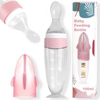 Minkšto silikono kūdikių maitinimo buteliukas su šaukšteliu LIVMAN MST6969 švelnios konsistencijos vienalyčiam maistui, 100 ml, rožinis