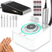 Lavinamoji freza LIVMAN UV-601 manikiūrui ir pedikiūrui su 6 skirtingais antgaliais ir 30 šlifavimo juostų, 48 W, 40 000 aps./min., balta