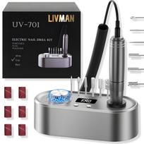 Nagų freza LIVMAN UV-701 manikiūrui ir pedikiūrui su USB išvestimi, 6 skirtingi antgaliai ir šlifavimo juostelės, 24 W, 40 000 aps./min., pilka