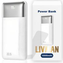 Power bank LIVMAN RPP-5 - greito įkrovimo nešiojamas akumuliatorius - galios bankas su dviem išėjimais, 10000 mAh, 22,5 W, baltos spalvos