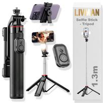 „Selfie“ lazda ("Selfie stick") LIVMAN C13d - daugiafunkcė „selfie“ lazda ir stovas su nuotolinio valdymo pulteliu ir LED apšvietimu, 1,3 m, juoda