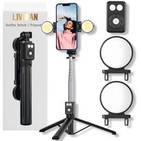 Selfie lazdelė ("Selfie stick") LIVMAN B12S - daugiafunkcė selfie lazdelė ir stovas su nuotolinio valdymo pulteliu ir LED apšvietimu, 1,1 m, juoda