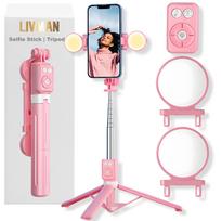 Savivertės laikiklis („Selfie stick“) LIVMAN B12S – daugiafunkcinė savisukio lazdelė ir stovas su nuotolinio valdymo pulteliu ir LED apšvietimu, 1,1 m, rožinis