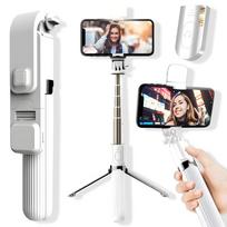Savidarbo lazda („Selfie stick“) LIVMAN L03s - daugiafunkcė asmenukės lazdelė ir stovas su nuotolinio valdymo pulteliu ir LED apšvietimu, 84 cm, balta