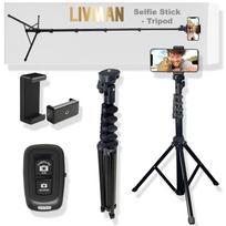 Selfijų laikiklis („Selfie stick“) LIVMAN Y050 - daugiafunkcinė selfių lazda ir stovas su nuotolinio valdymo pulteliu, 1,55 m, juoda