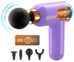 Masažo pistoletas LIVMAN LC-002 su 9 greičio režimais ir 4 keičiamais antgaliais, 1800mAh, 30W, violetinė